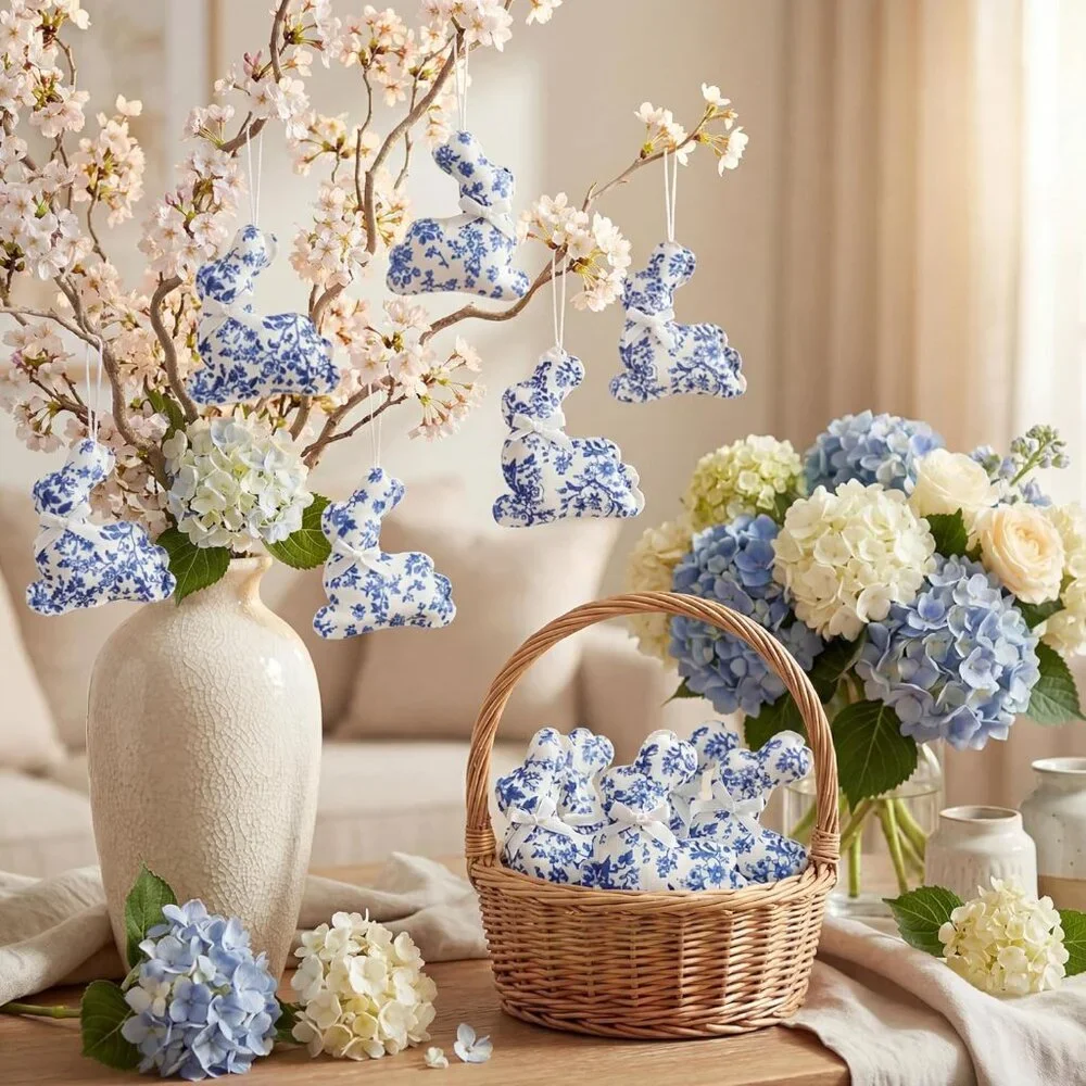 12 Bunny Blue and White Fabric Farmhouse Stuffed Country Style